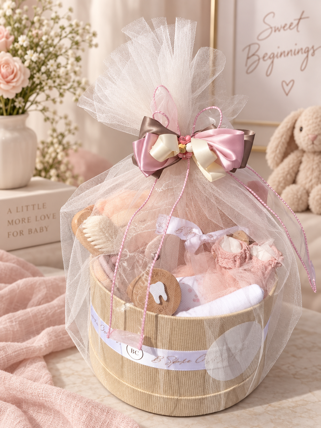 Sweet Beginnings one-of-one baby keepsake gift box in soft pink tones, round box with tulle and satin bow