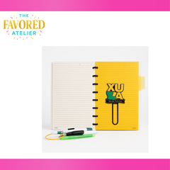 Open personalized disc-bound notebook with coordinating paper clip bookmark