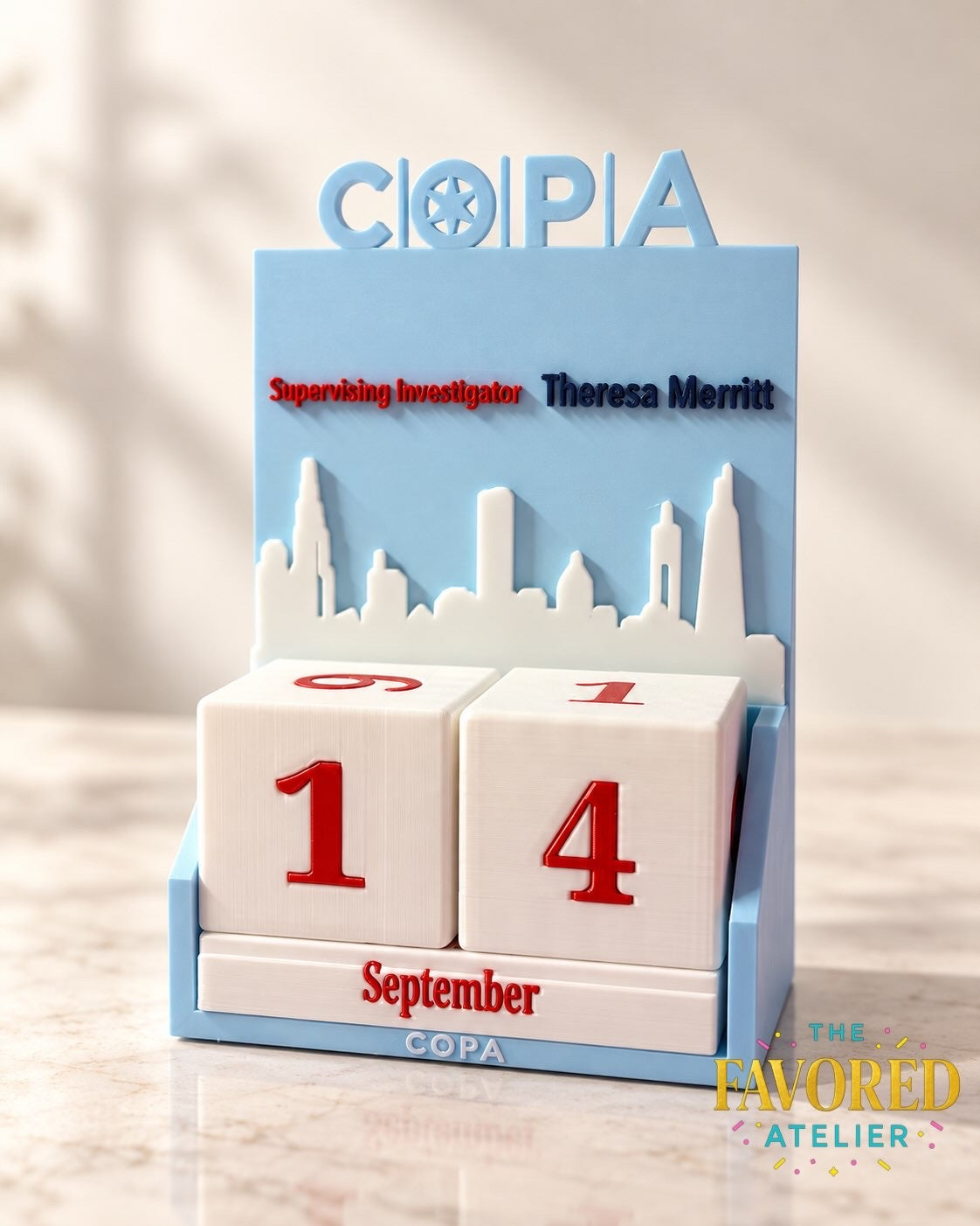 Custom Skyline Perpetual Desk Calendar, personalized with name and title