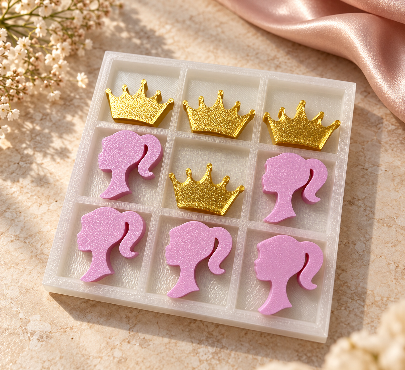 White tray tic-tac-toe set with pink girl silhouette pieces and gold crown pieces