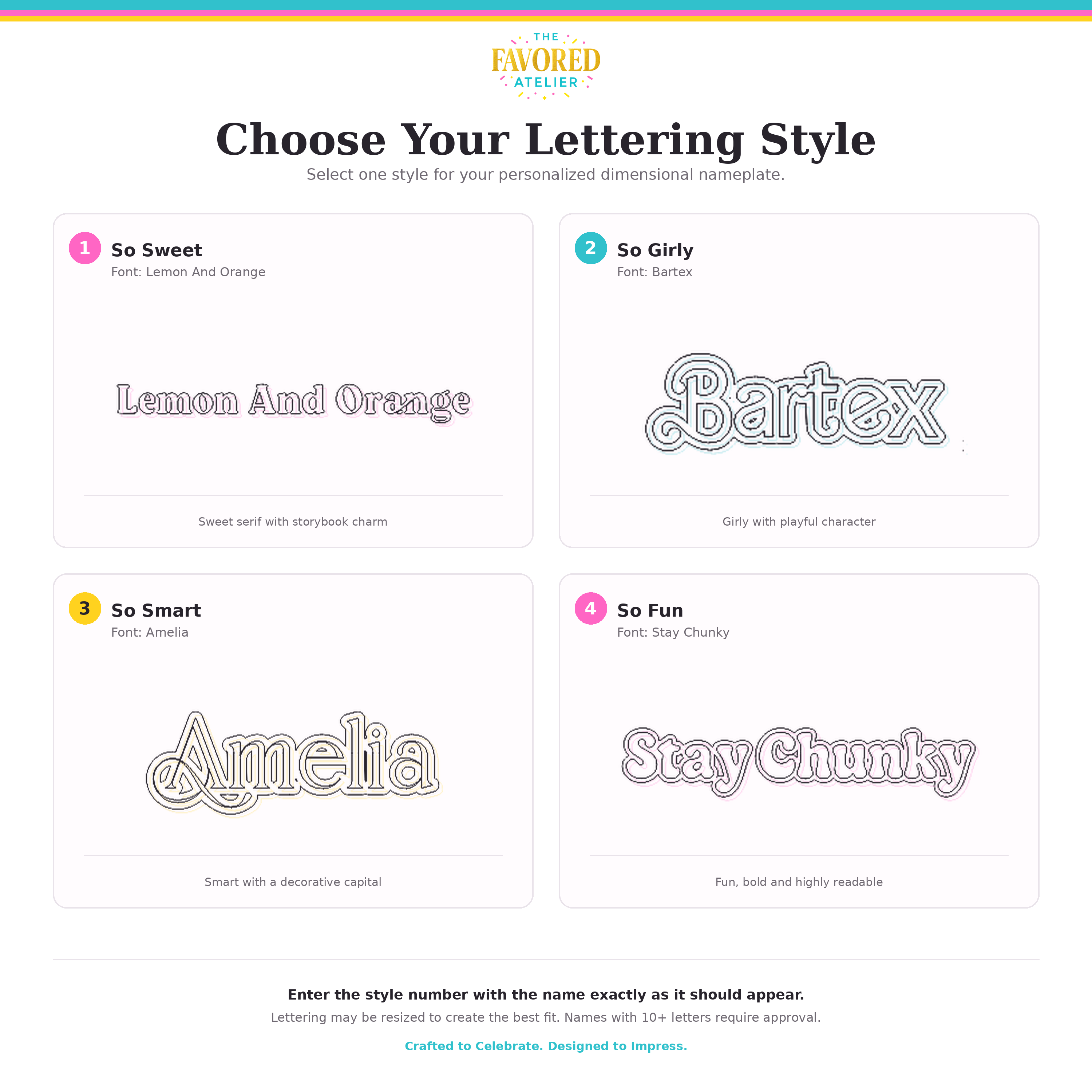 The Favored Atelier lettering style chart showing Lemon And Orange, Bartex, Amelia and Stay Chunky font options