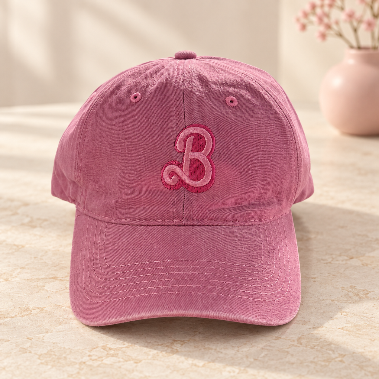 Rose pink washed cap with embroidered two-tone pink script B