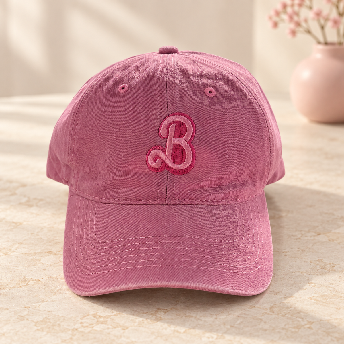 Rose pink washed cap with embroidered two-tone pink script B